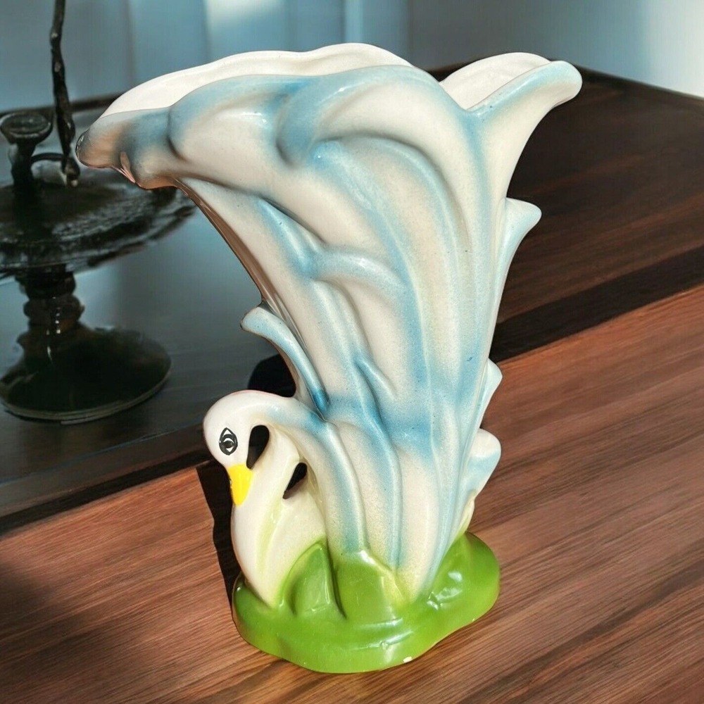 Vtg Swan Ceramic Vase Planter Blue Green White MCM Unsigned McCoy Pottery Retro